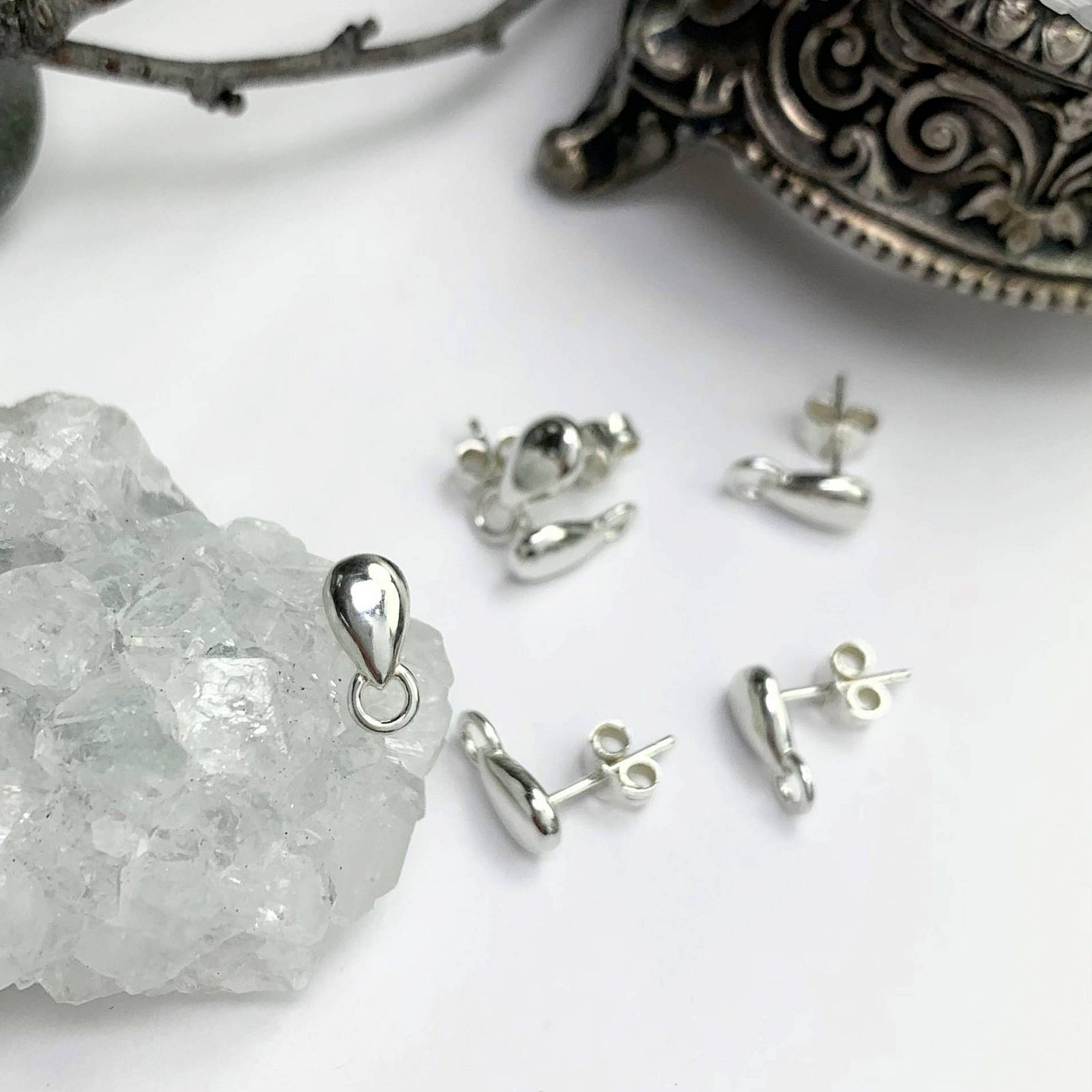 Sleek Pear Drop with Loop Studs Earrings Sterling Silver .925