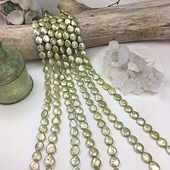 11mm Dyed Iridescent Green Coin Freshwater Pearls Beads
