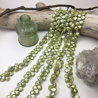 7mm Dyed Iridescent Green Oval Coin Freshwater Pearls Beads