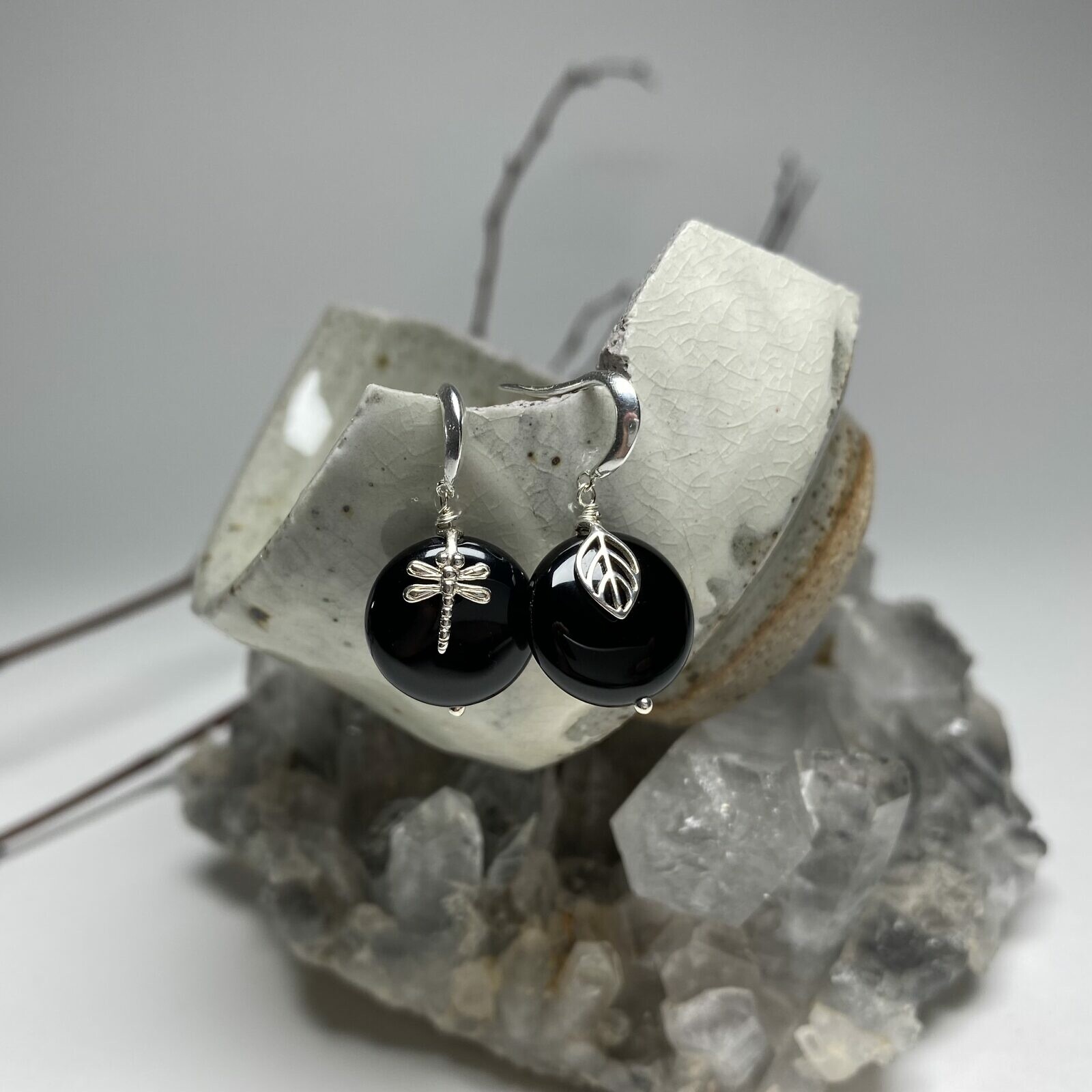 fi0is sa06b fw15s fc1zs fe65s Ball Pins Black Onyx round wire Dragonfly Tiny Leaf Sterling Silver 925 Small Curved Hook