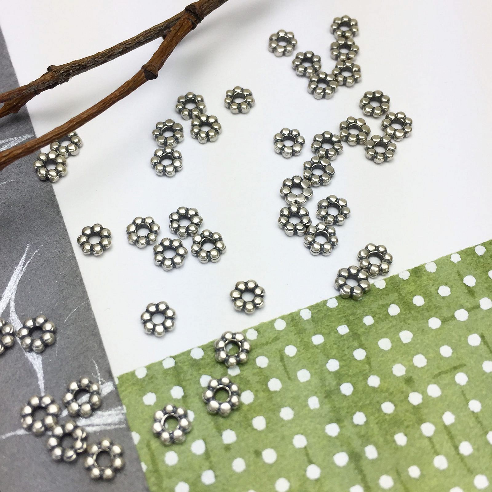 4x1.3mm Daisy Flower Spacer Rondelle Beads Oxidized Sterling Silver .925