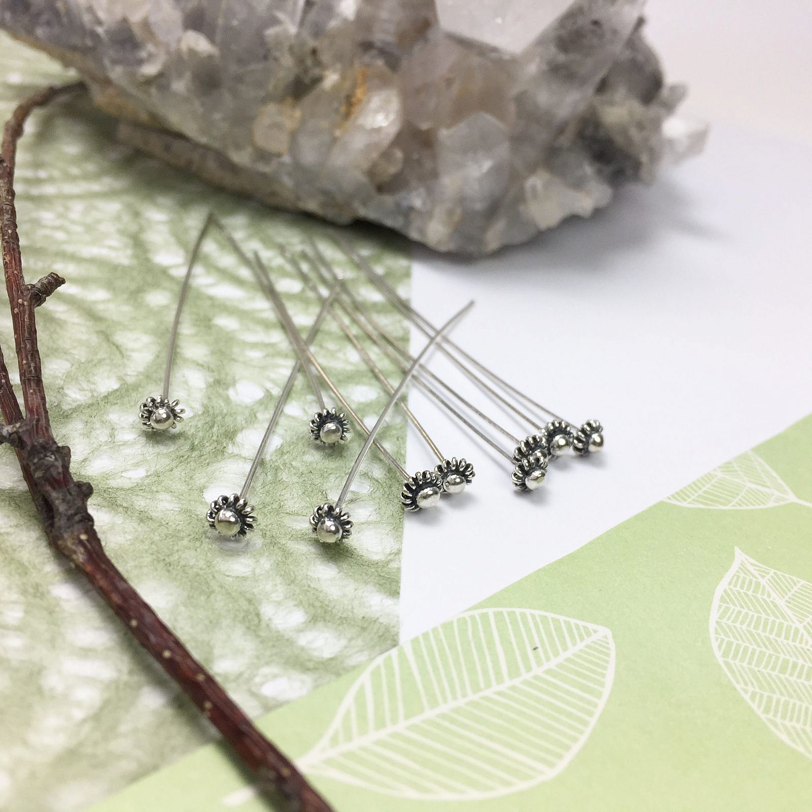 23ga 55mm Daisy Flower Pins Oxidized Sterling Silver .925
