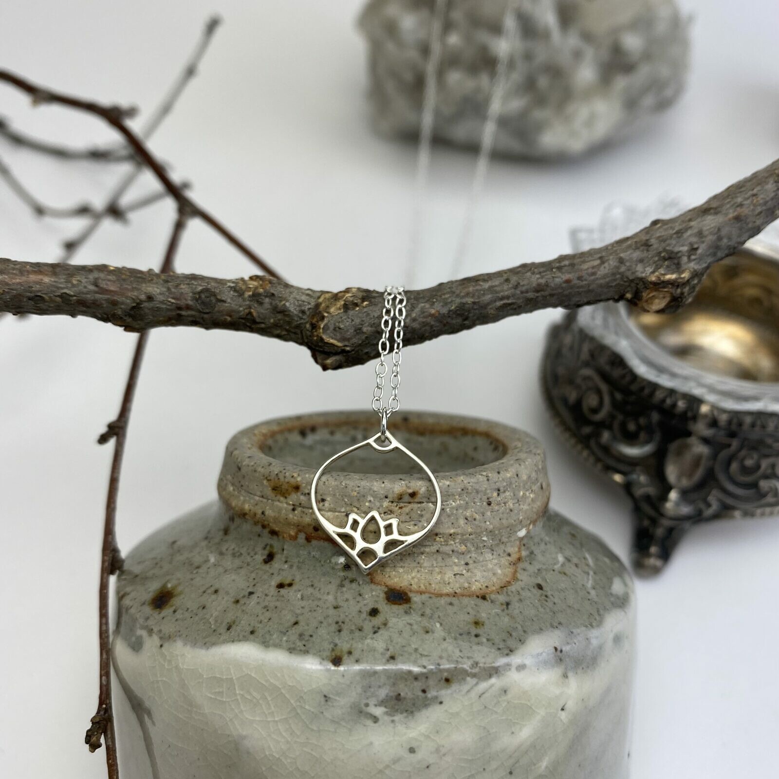 Lotus Flower Lamp Marquise Drop Frame Sterling Silver .925 Amoracast - Pendants Charms - Image 2