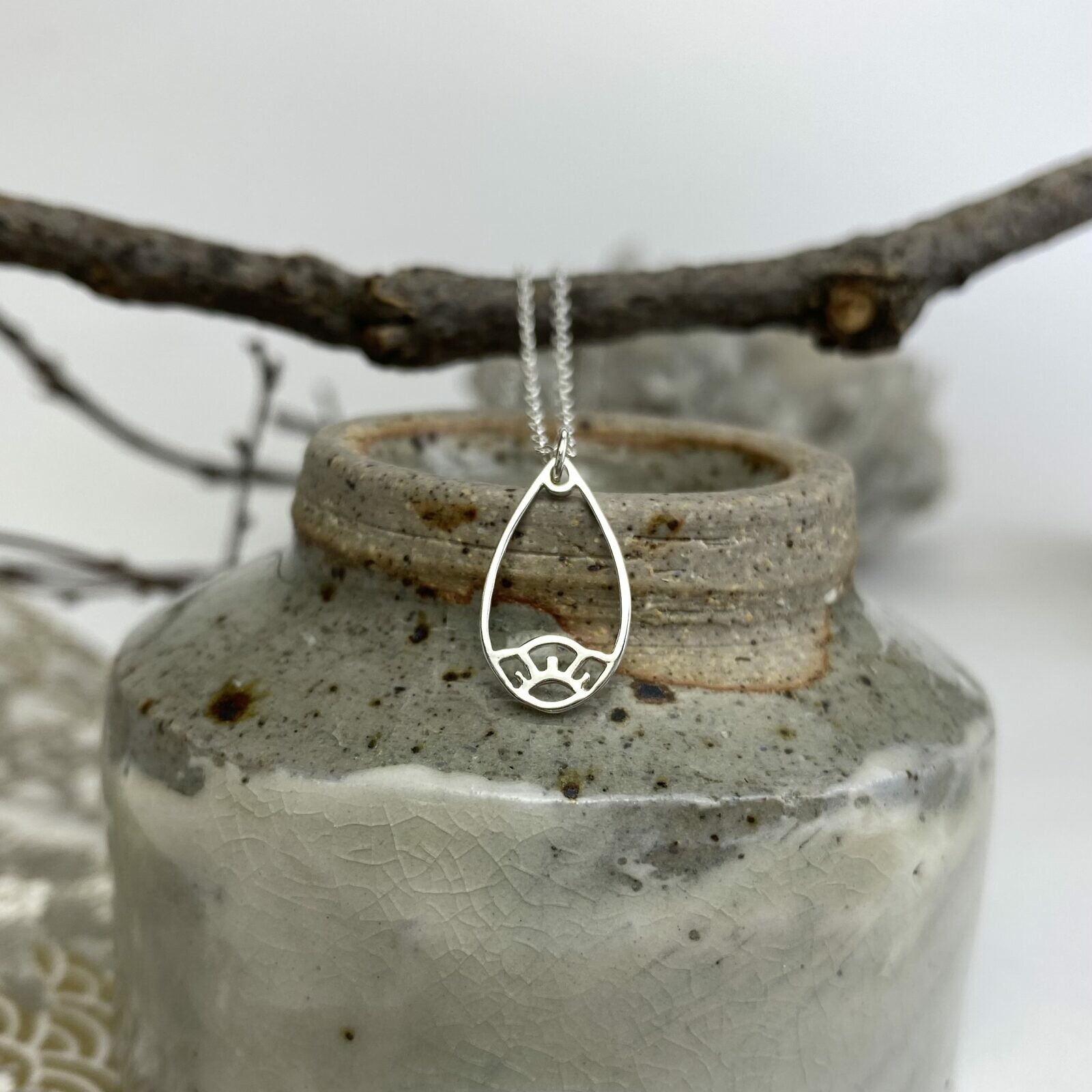 Cherry Blossom Flower Teardrop Frame Sterling Silver .925 Amoracast - Pendants Charms - Image 2