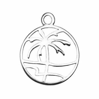 Paradise Beach Palm Tree Round Circle Frame Sterling Silver .925 Amoracast - Pendants Charms