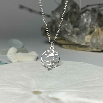 Alternative view of Paradise Beach Palm Tree Round Circle Frame Sterling Silver .925 Amoracast - Pendants Charms