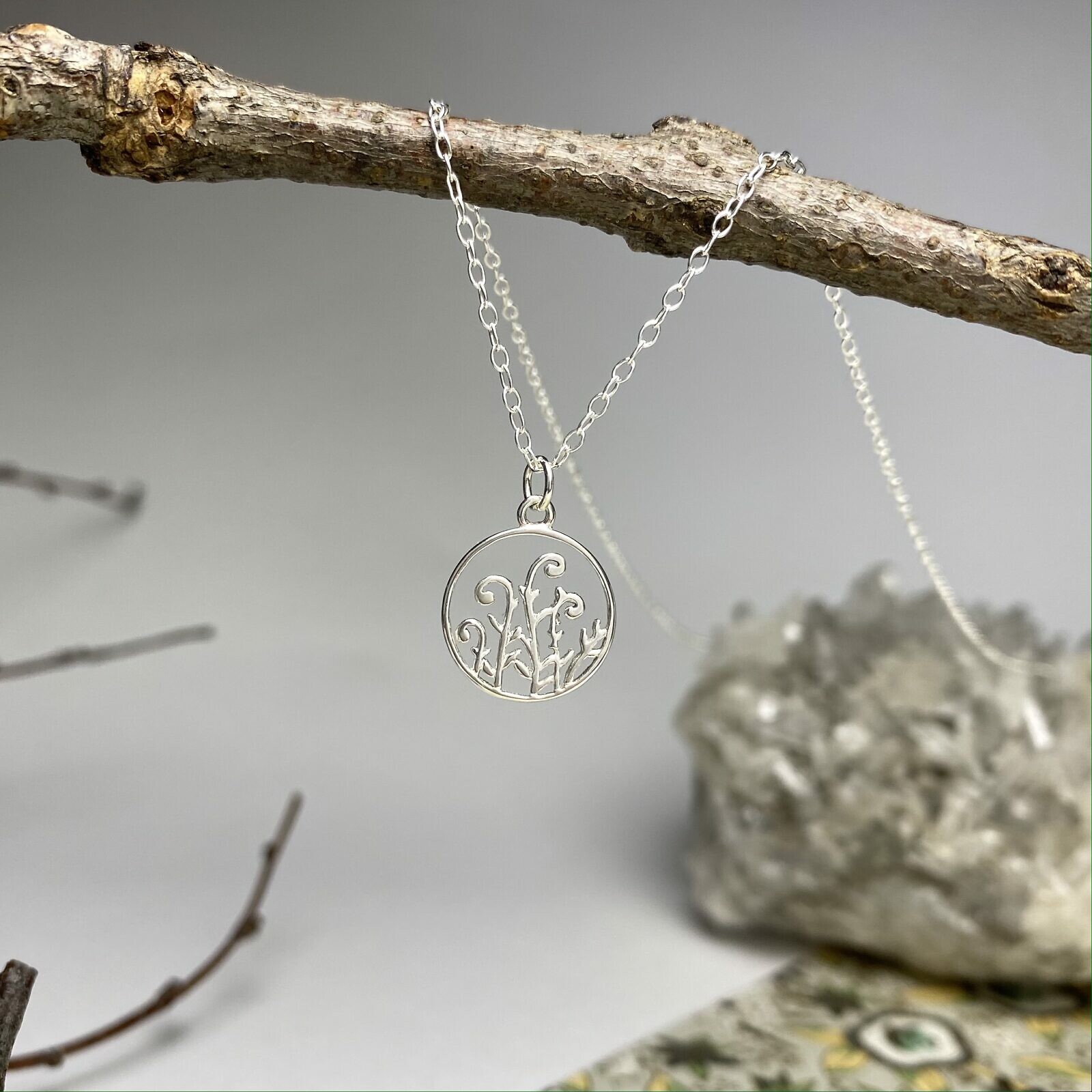 Fiddle Head Ferns Round Circle Frame Sterling Silver .925 Amoracast - Pendants Charms - Image 2