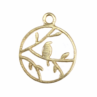 Finch in a Tree Bird Round Frame Brushed 14kt Gold Vermeille Amoracast - Pendants Charms