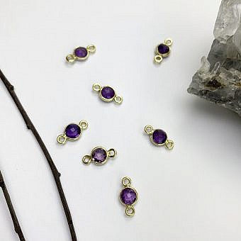 6mm Amethyst Round Bezel Set 22kt Gold Plated Sterling Silver .925 - Connectors Pendants Charms (February)