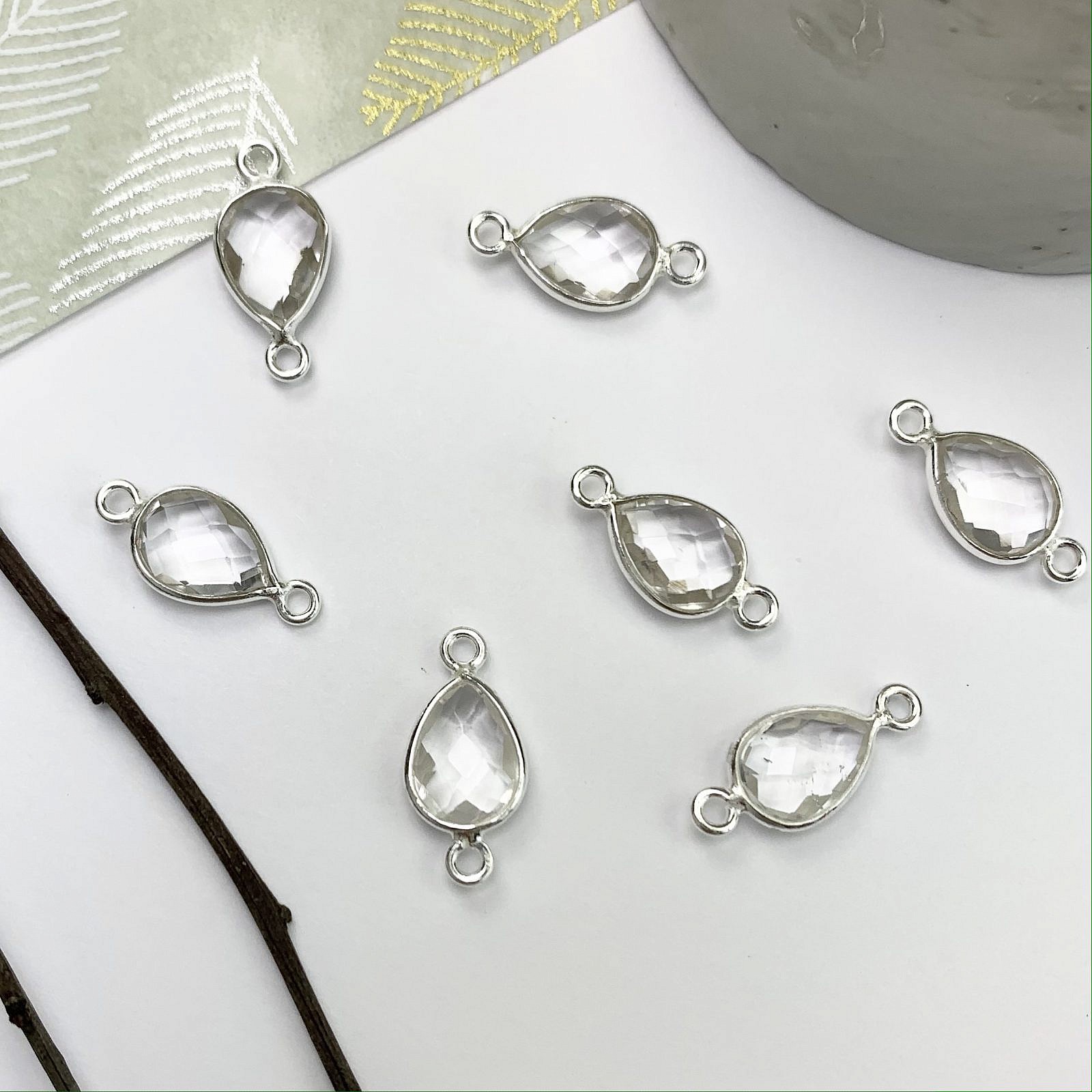 Clear Quartz Teardrop Bezel Set Sterling Silver .925 - Connectors Pendants Charms