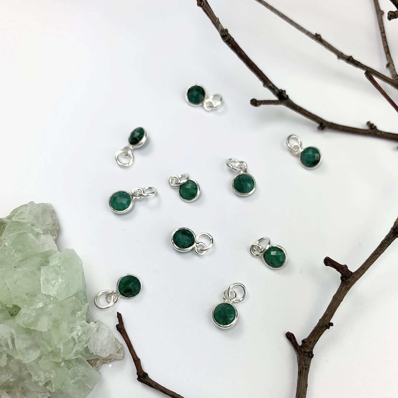 6mm Dyed Emerald Round Bezel Set Sterling Silver .925 - Pendants Charms (May)
