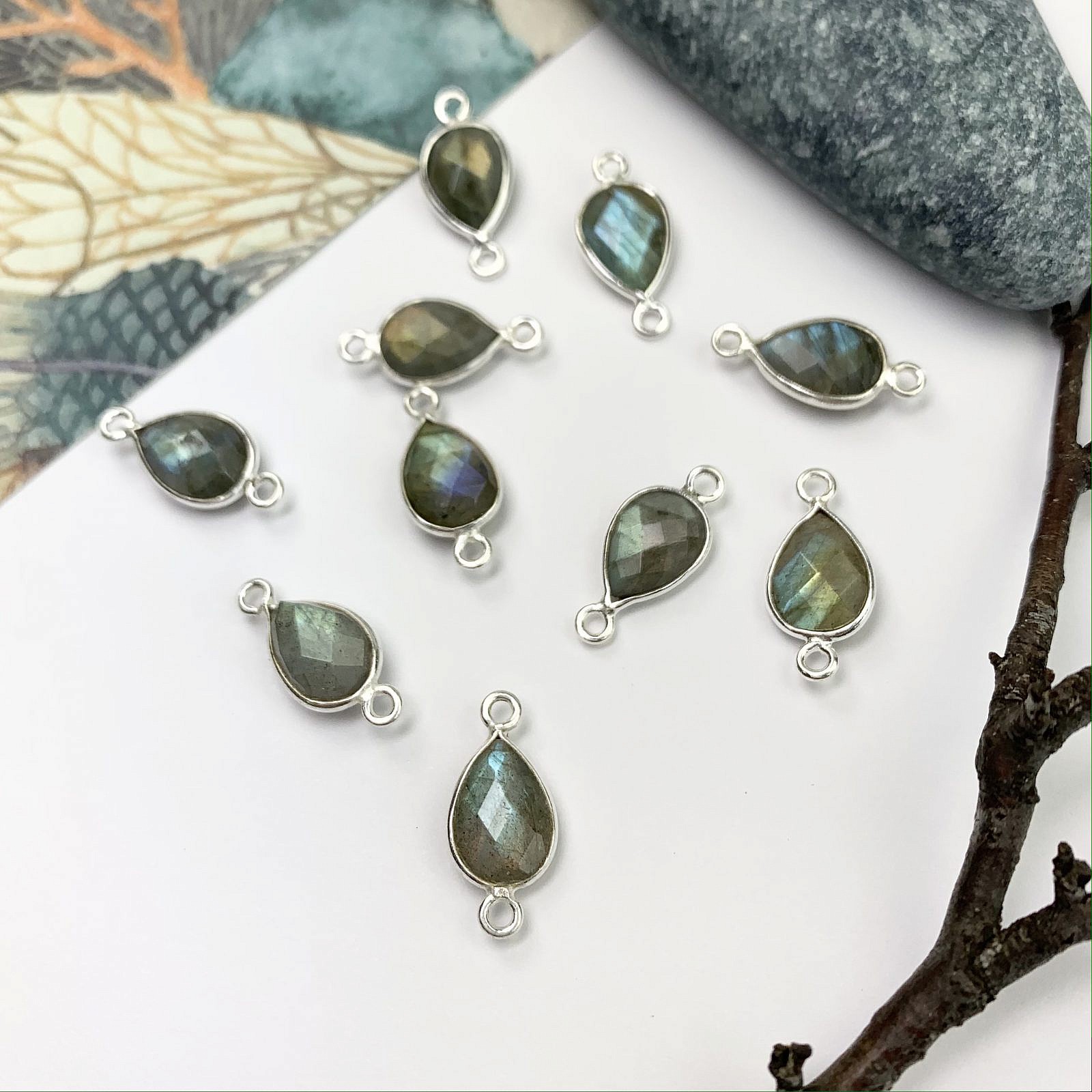 Labradorite Teardrop Bezel Set Sterling Silver .925 - Connectors Pendants Charms