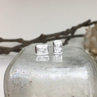 Rectangle Clear CZ Crystals Studs Earrings Sterling Silver .925