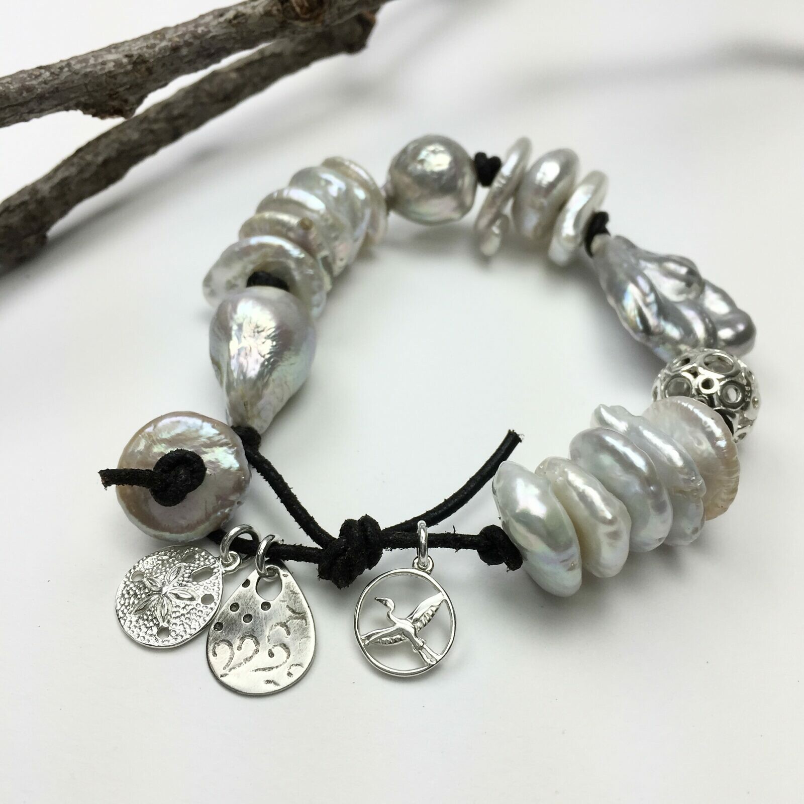 fdf2s fh8qs fph3s cx99a round beads bird frame Sand Dollar Black Leather sterling silver 925 amoracast