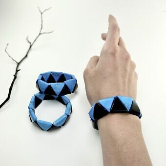 Alternative view of Black Onyx and Dyed Turquoise Blue Howlite Triangle Stone Stretchy Elastic Bracelets