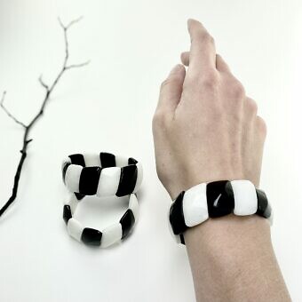 Alternative view of Black Onyx and White Jade Rectangle Stone Stretchy Elastic Bracelets