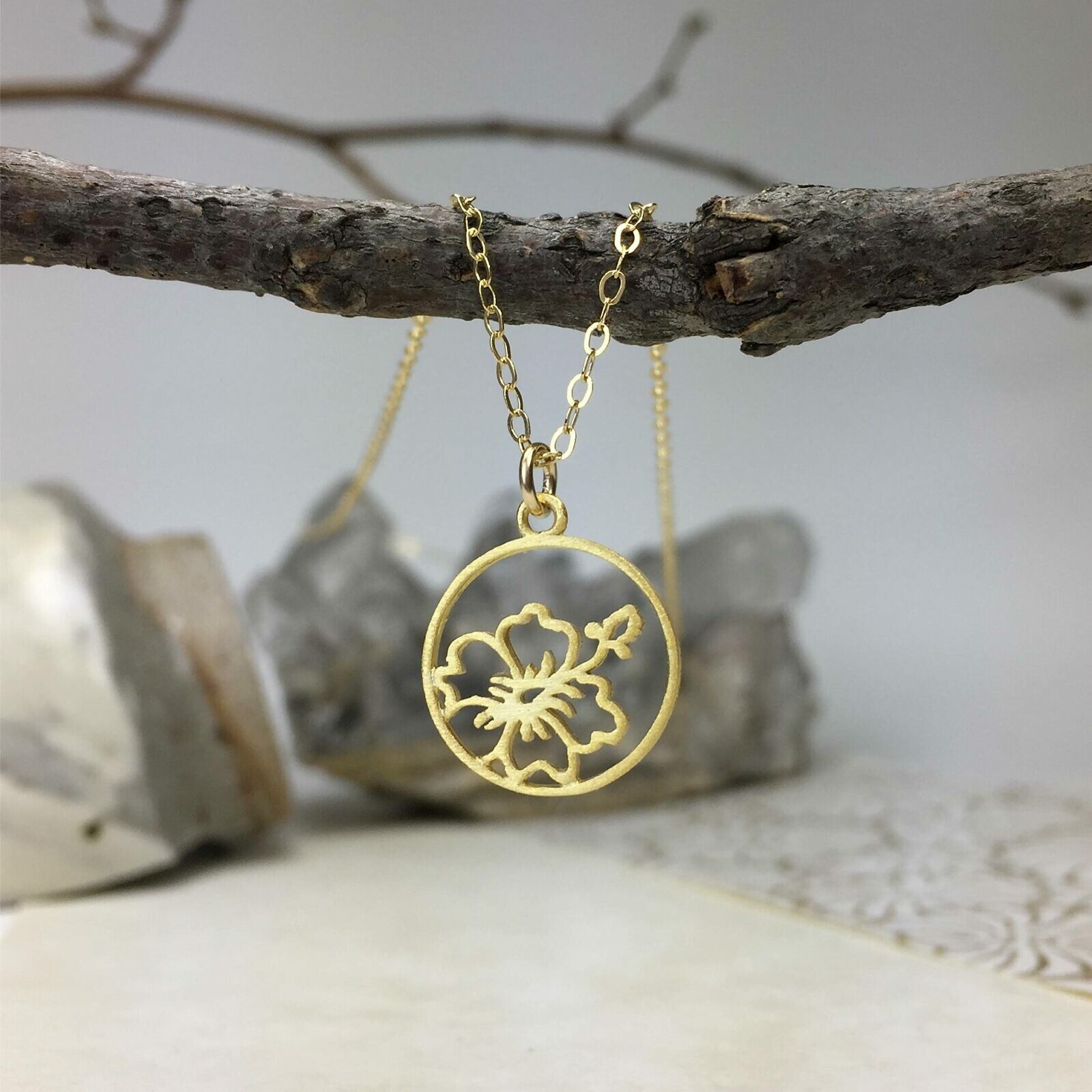 Hibiscus Flower Circle Frame Brushed 14kt Gold Vermeille Amoracast - Pendants Charms - Image 2