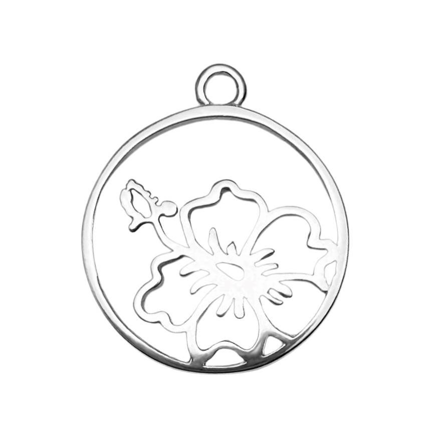 Hibiscus Flower Circle Frame Sterling Silver .925 Amoracast - Pendants Charms