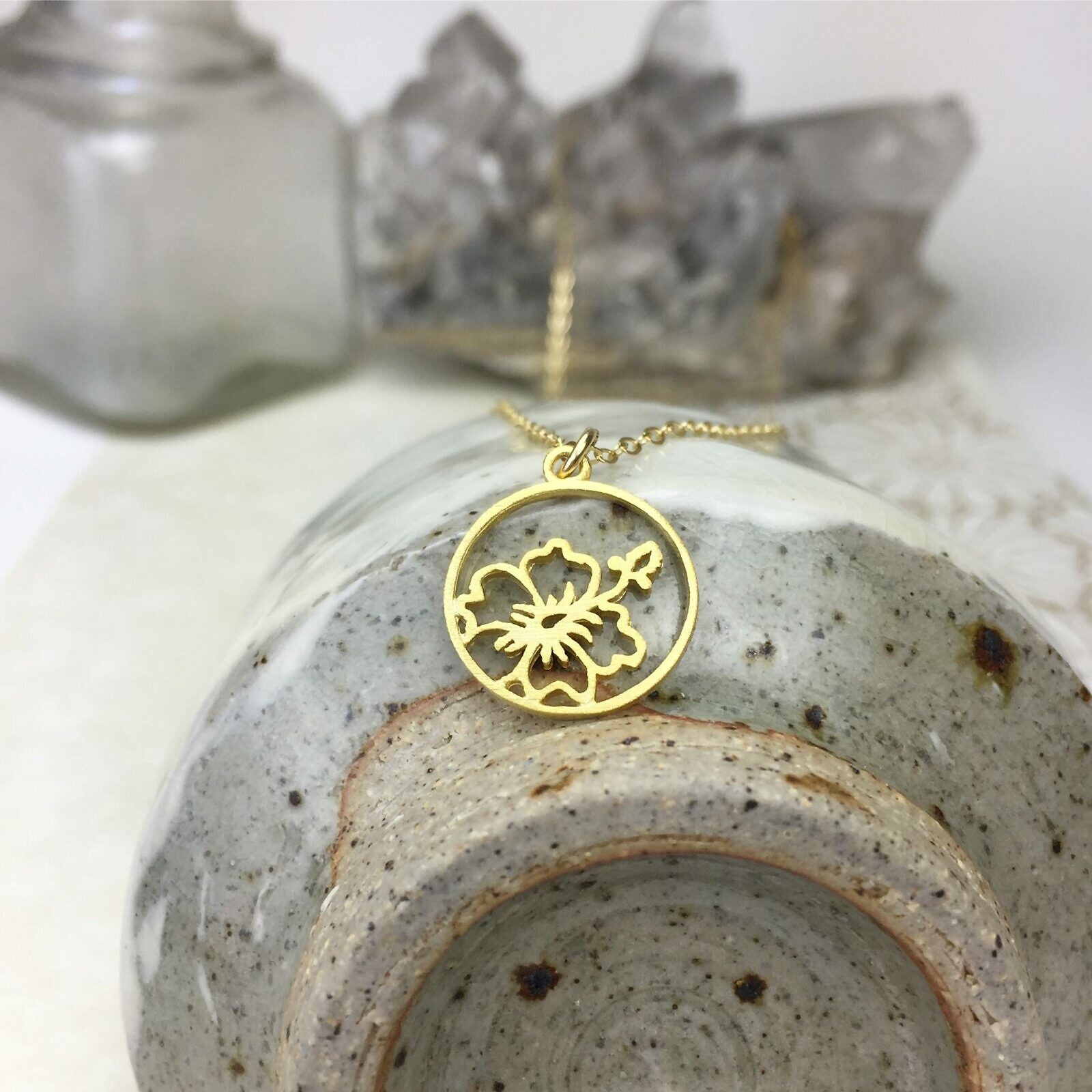 Hibiscus Flower Circle Frame Brushed 14kt Gold Vermeille Amoracast - Pendants Charms - Image 7