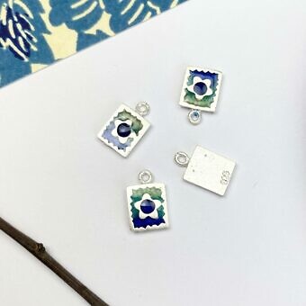 Rectangle Framed Daisy Flower Enamel Gradient Blue Sterling Silver .925 - Pendants Charms