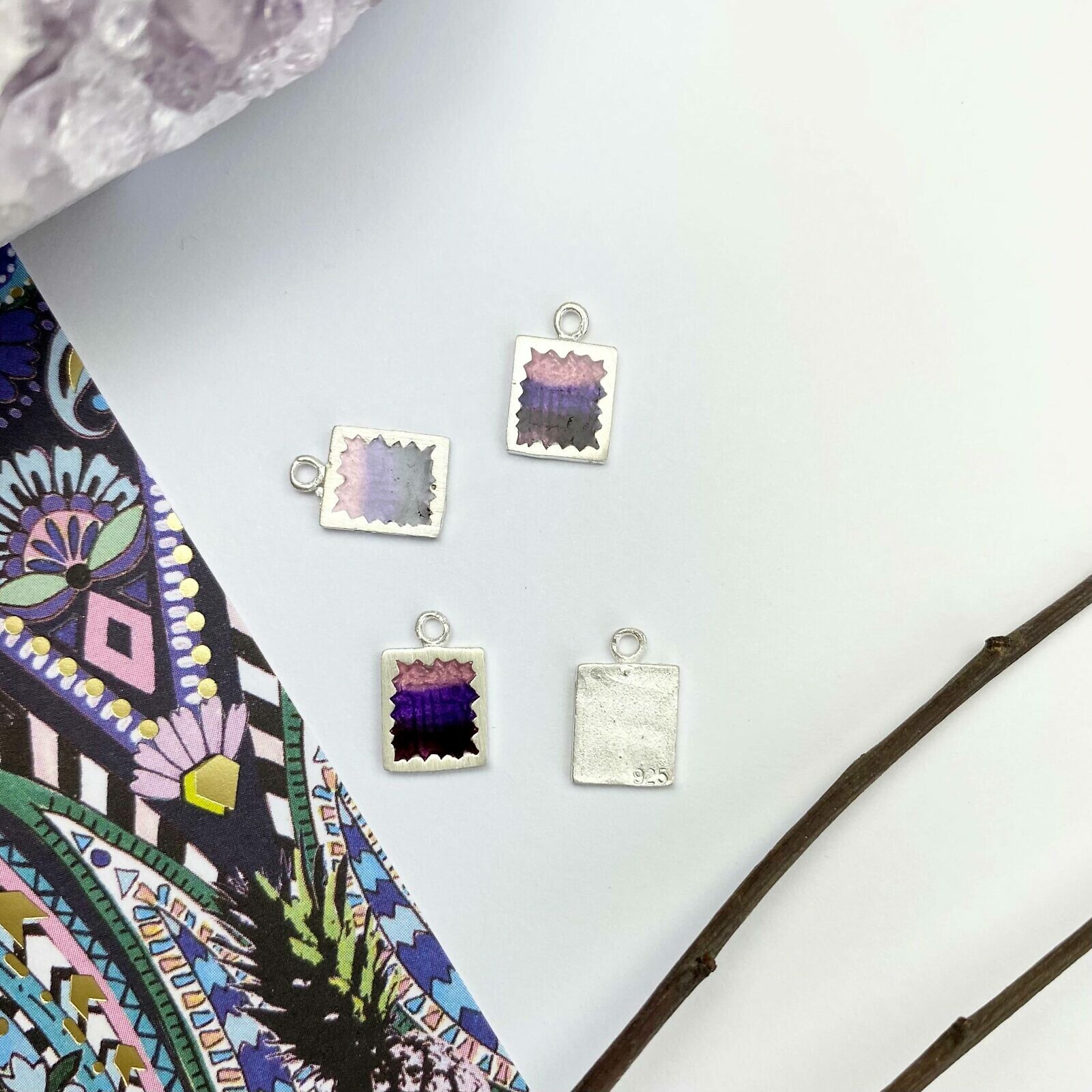 Rectangle Starburst Window Enamel Gradient Purple Sterling Silver .925 - Pendants Charms