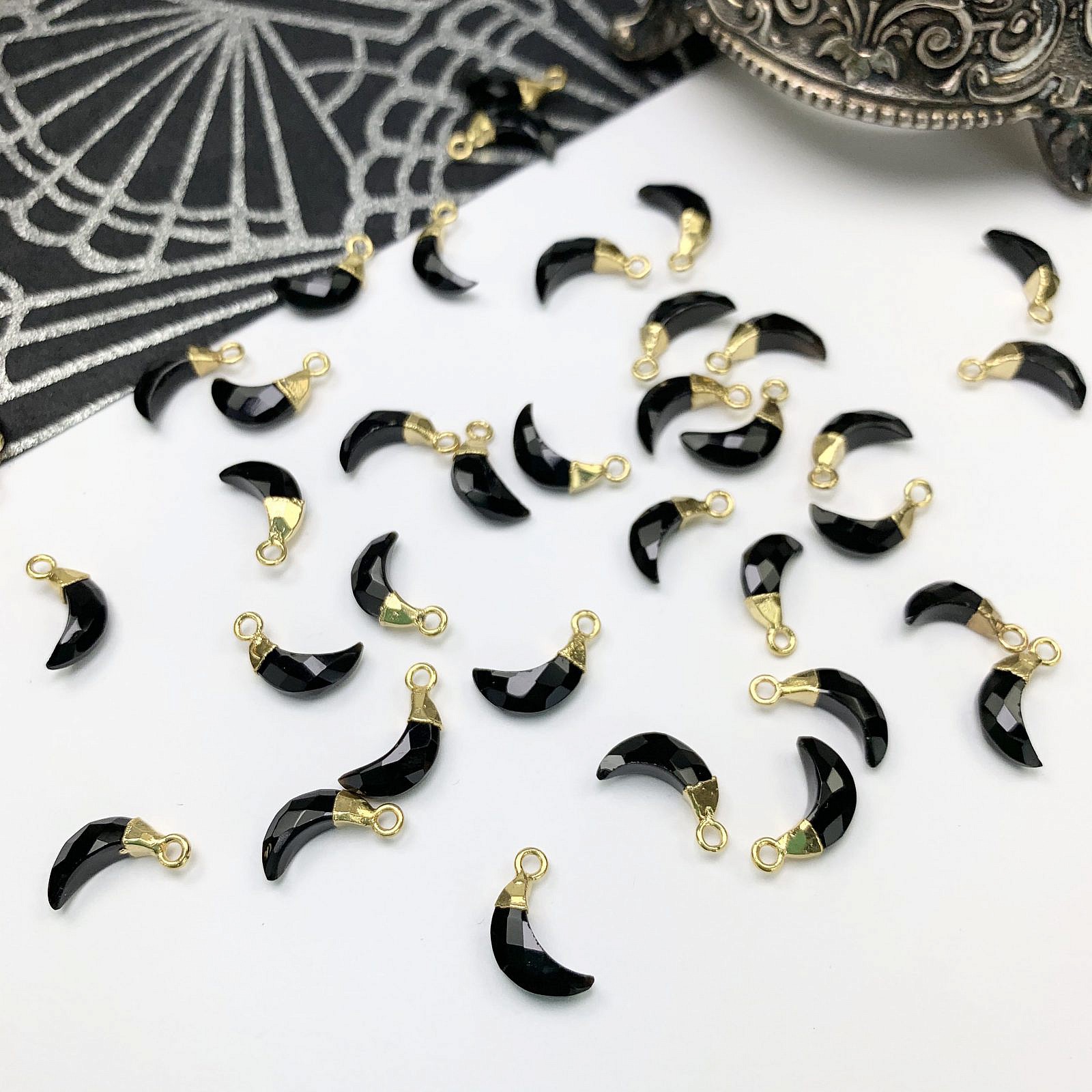 Onyx Faceted Mini Crescent Moon 22kt Gold Plated Copper - Pendants Charms