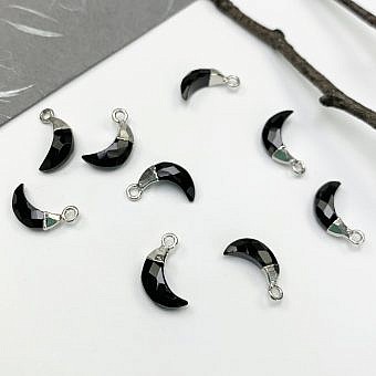 Onyx Faceted Mini Crescent Moon Sterling Silver Plated Copper - Pendants Charms