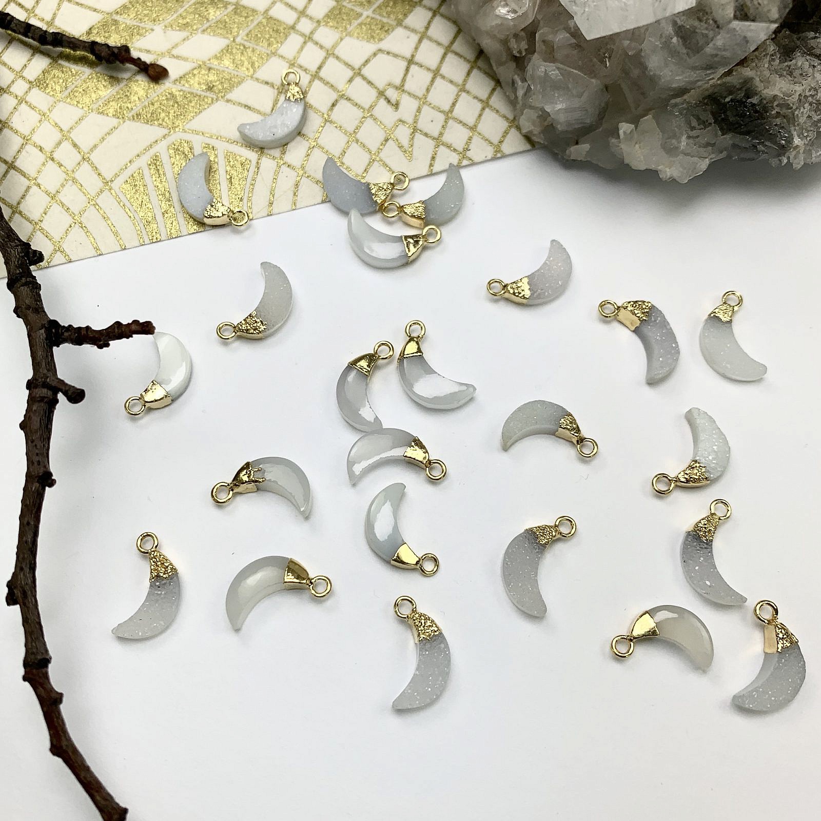 Natural White Druzy Agate Mini Crescent Moon 22kt Gold Plated Copper - Pendants Charms