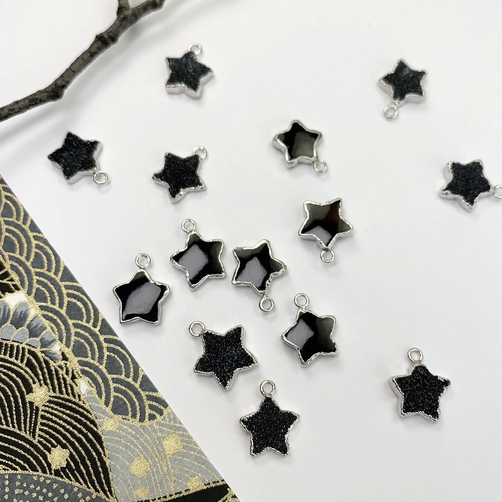 Black Marble Druzy Agate Star Sterling Silver Plated Copper - Pendants Charms