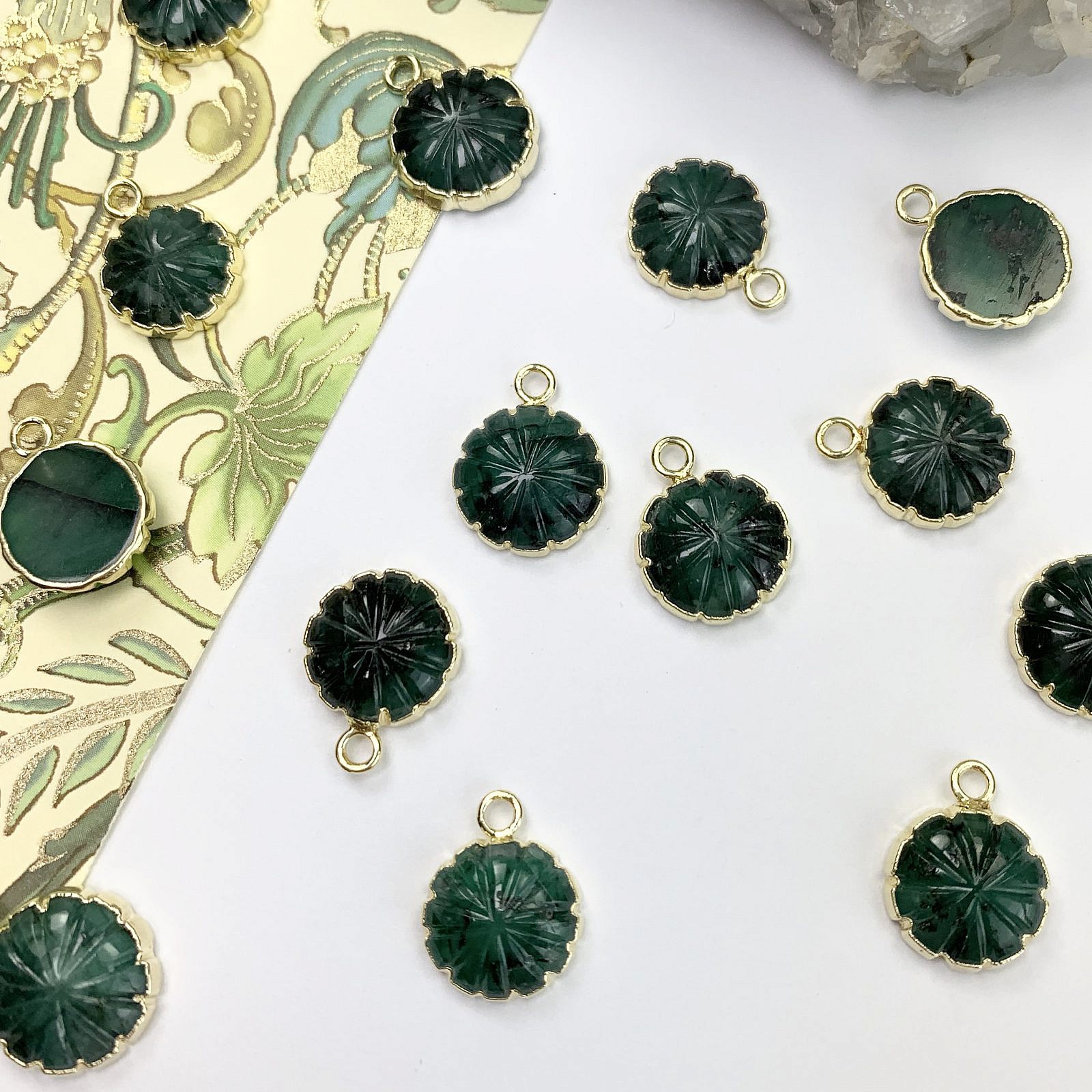 Emerald Carved Flourette 22kt Gold Plated Copper - Pendants Charms (May)