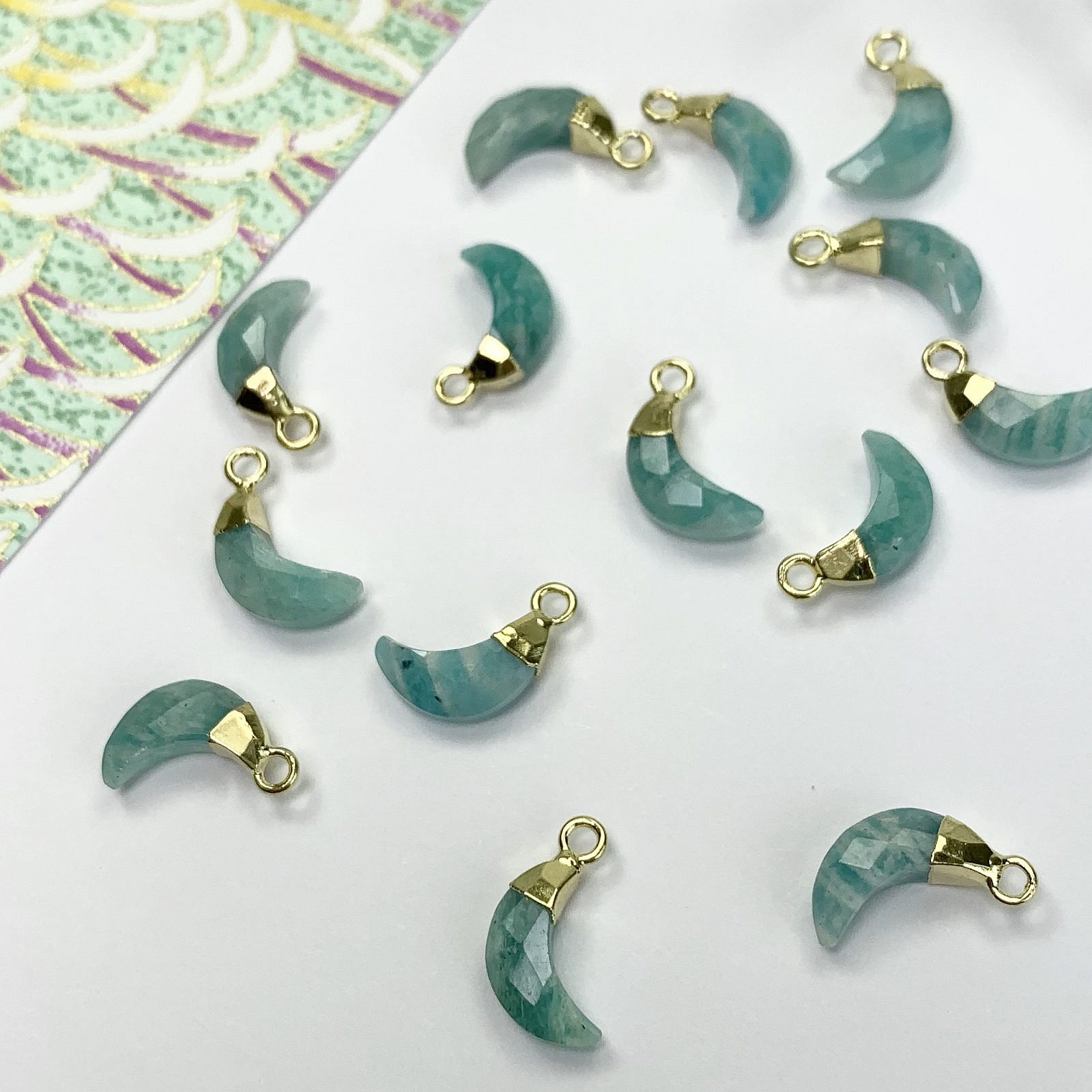 Russian Amazonite Faceted Mini Crescent Moon 22kt Gold Plated Copper - Pendants Charms