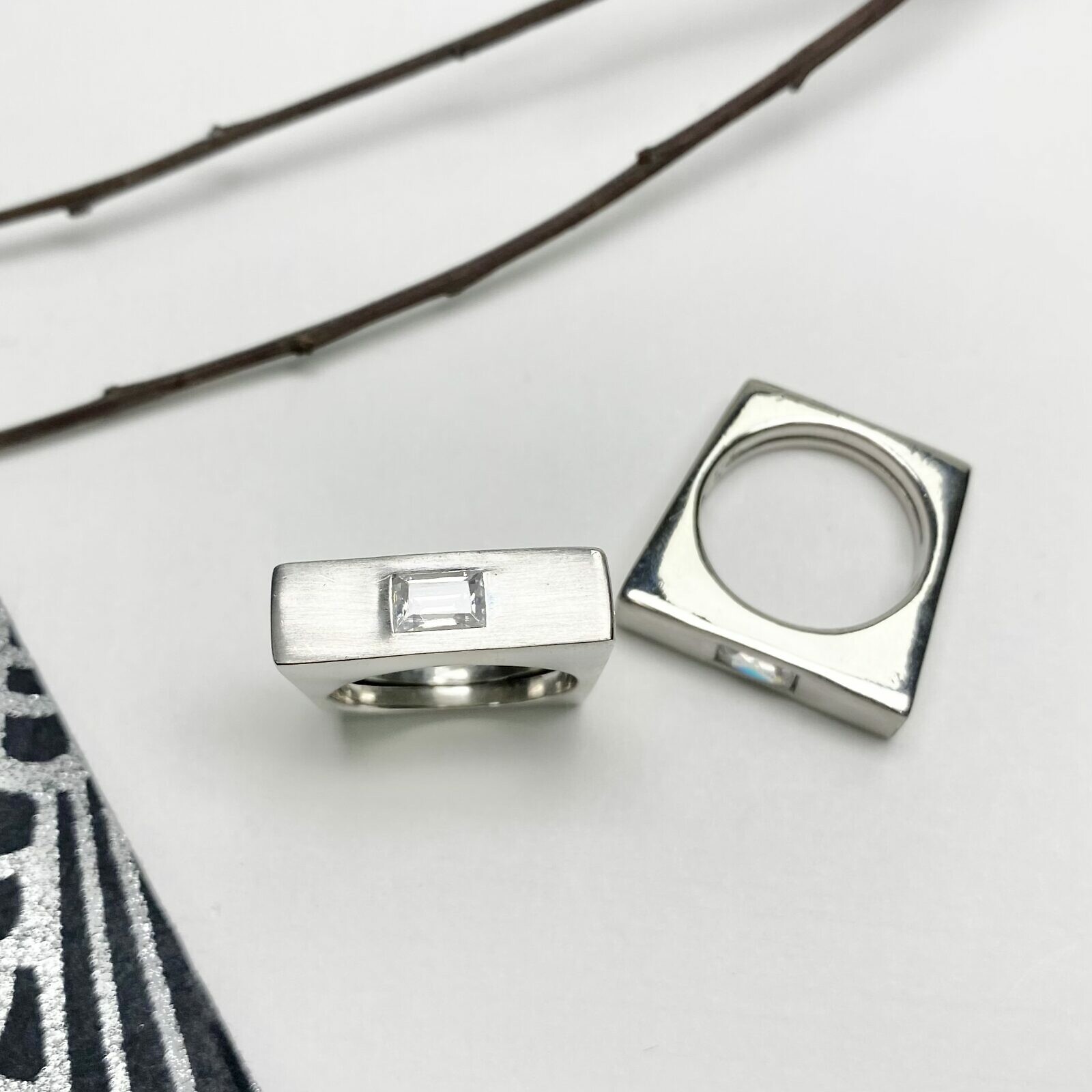 Be Bold with Rectangle Baguette Stone Rings Brushed Rhodium Plated Sterling Silver .925 - Image 4