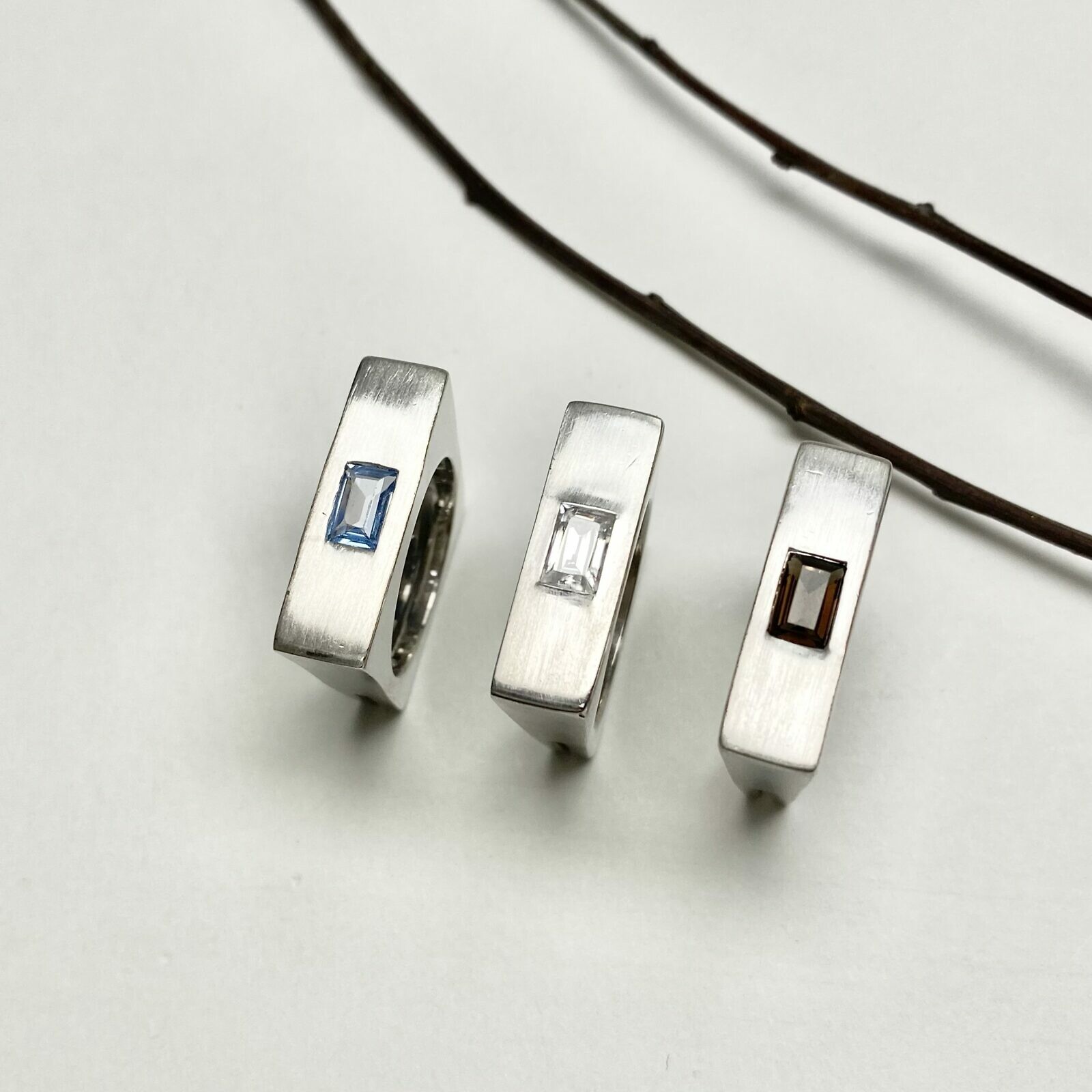 Be Bold with Rectangle Baguette Stone Rings Brushed Rhodium Plated Sterling Silver .925