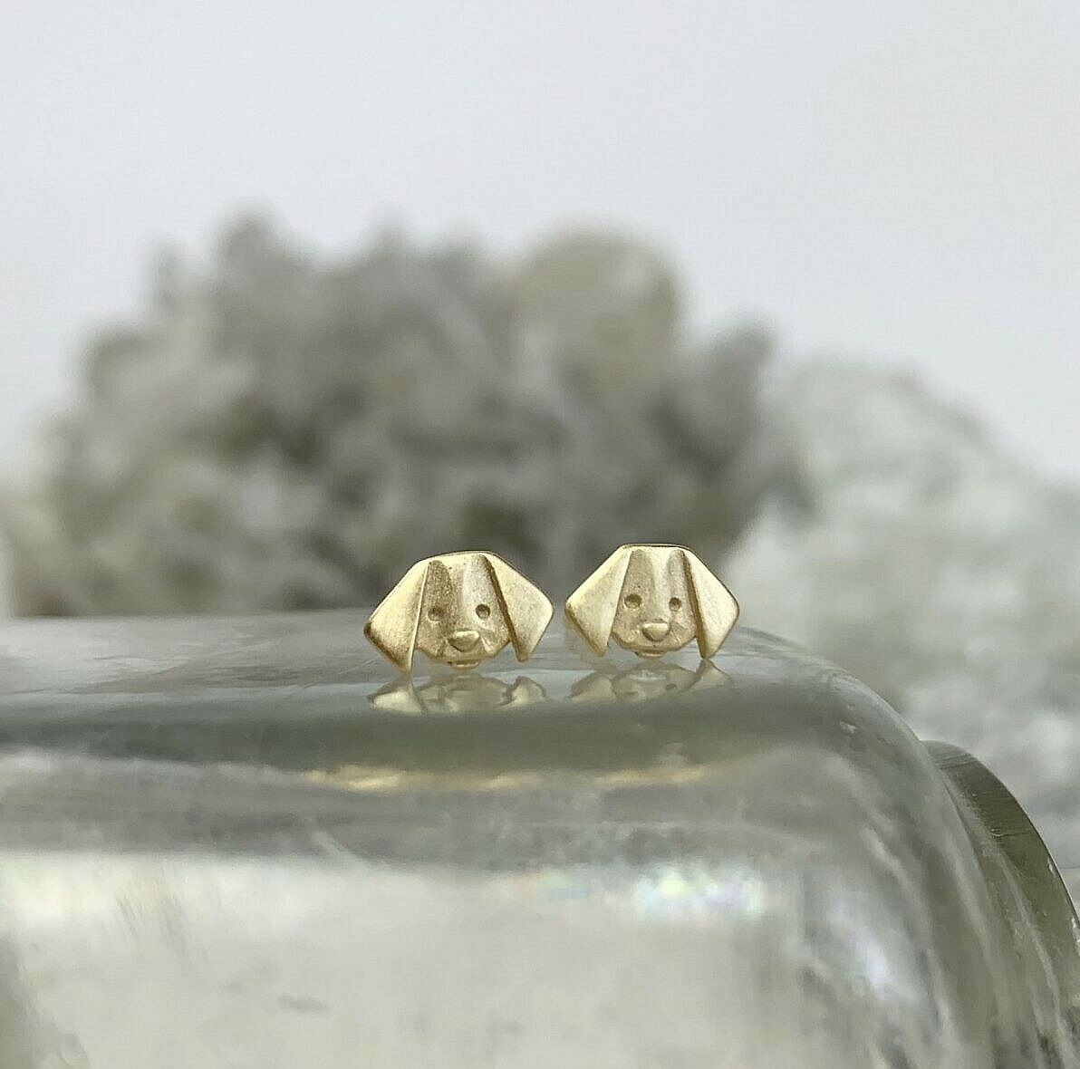 Origami Puppy Dog Face Studs Earrings Satin 14tk Gold Vermeille Amoracast