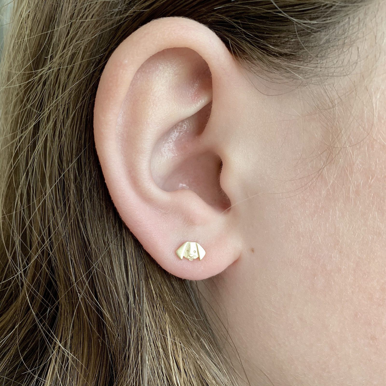 Origami Puppy Dog Face Studs Earrings Satin 14tk Gold Vermeille Amoracast - Image 2