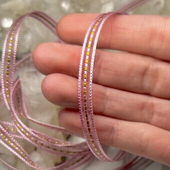 Alternative view of 6mm Mokuba Semi-Sheer Light Pink with Lime Green Stitch Ribbon
