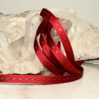 5mm Mokuba Satin Bright Red with Lime Green Stitch Ribbon