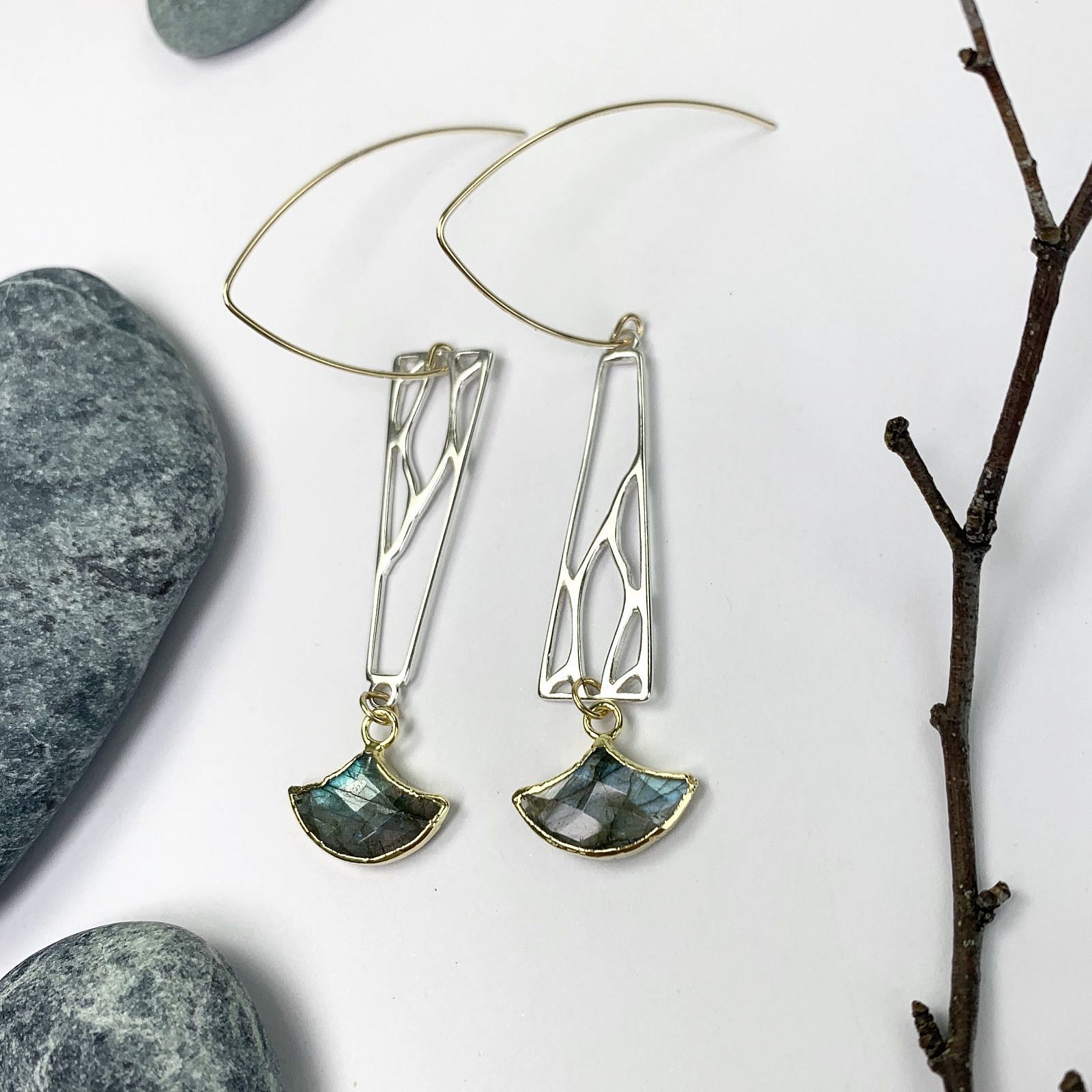 Large Marquise Hook Earrings Sterling Silver .925 - Image 2