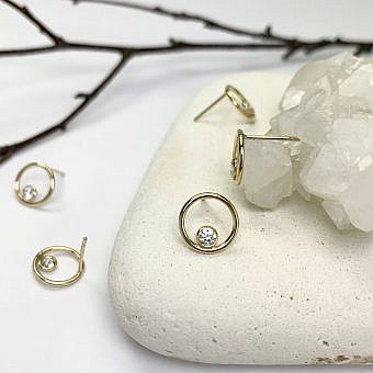10mm Infinity Circle with 3mm Clear CZ Crystals Studs Earrings 14kt Gold Filled