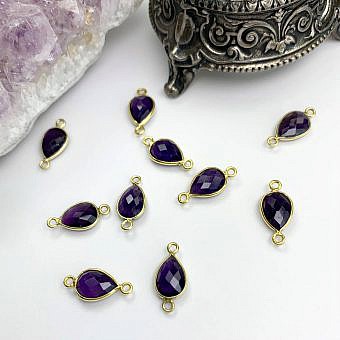 Amethyst Teardrop Bezel Set 22kt Gold Plated Sterling Silver .925 - Connectors Pendants Charms (February)