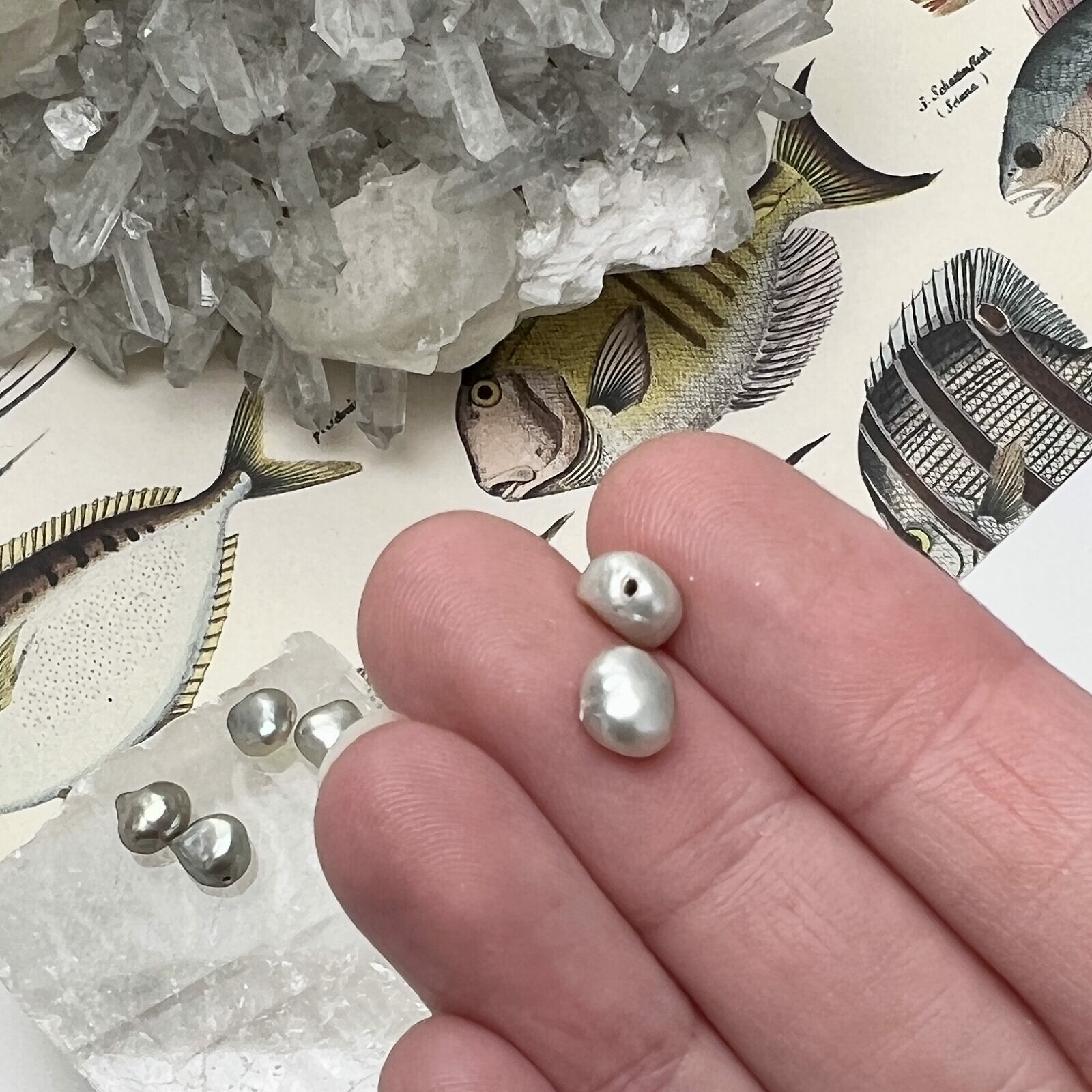 6x6.5mm Dyed Silver Green Nugget Freshwater Pearls Paired Beads - Image 2