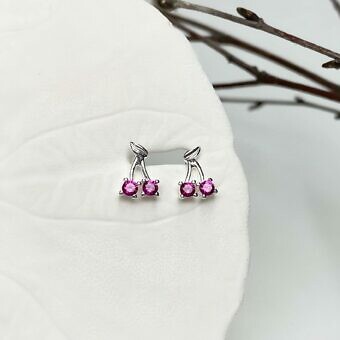 Very Cherry Studs Earrings with Red CZ Crystals Sterling Silver .925