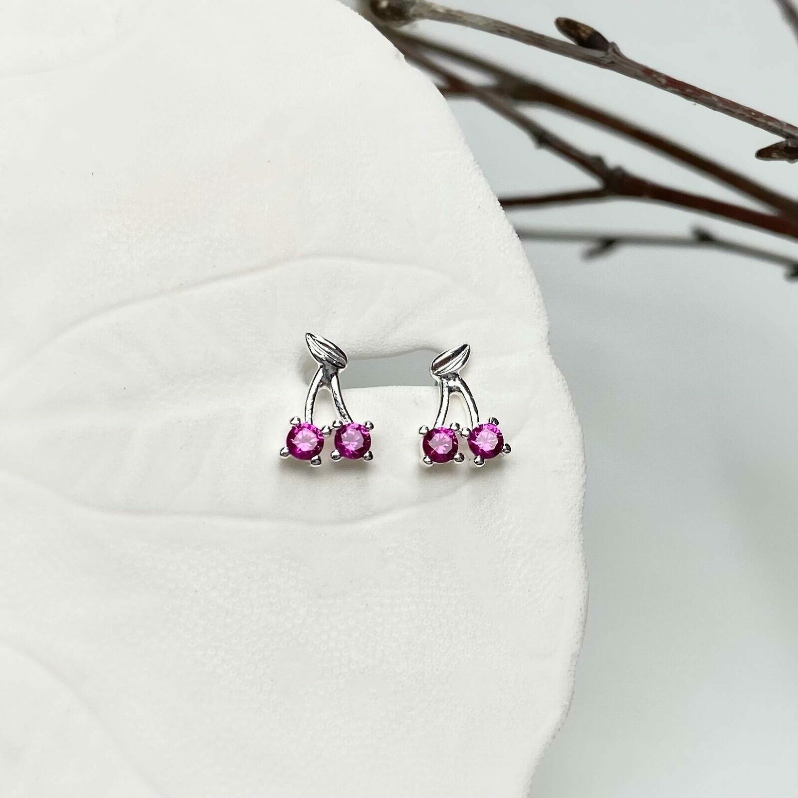 Very Cherry Studs Earrings with Red CZ Crystals Sterling Silver .925