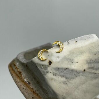 Crescent Moon Phase Studs Earrings with Clear CZ Crystals 14kt Gold Plated Sterling Silver .925 - Protective Coating