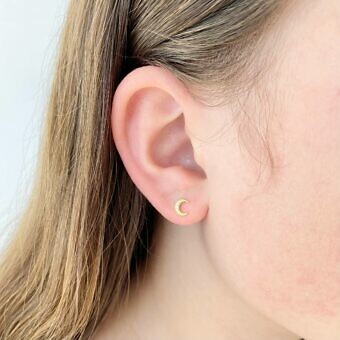 Alternative view of Crescent Moon Phase Studs Earrings with Clear CZ Crystals 14kt Gold Plated Sterling Silver .925 - Protective Coating