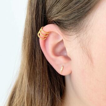 Alternative view of 9.5mm Triple Bar Beaded Cuffs Single Earrings 14kt Gold Plated Sterling Silver .925 - Protective Coating