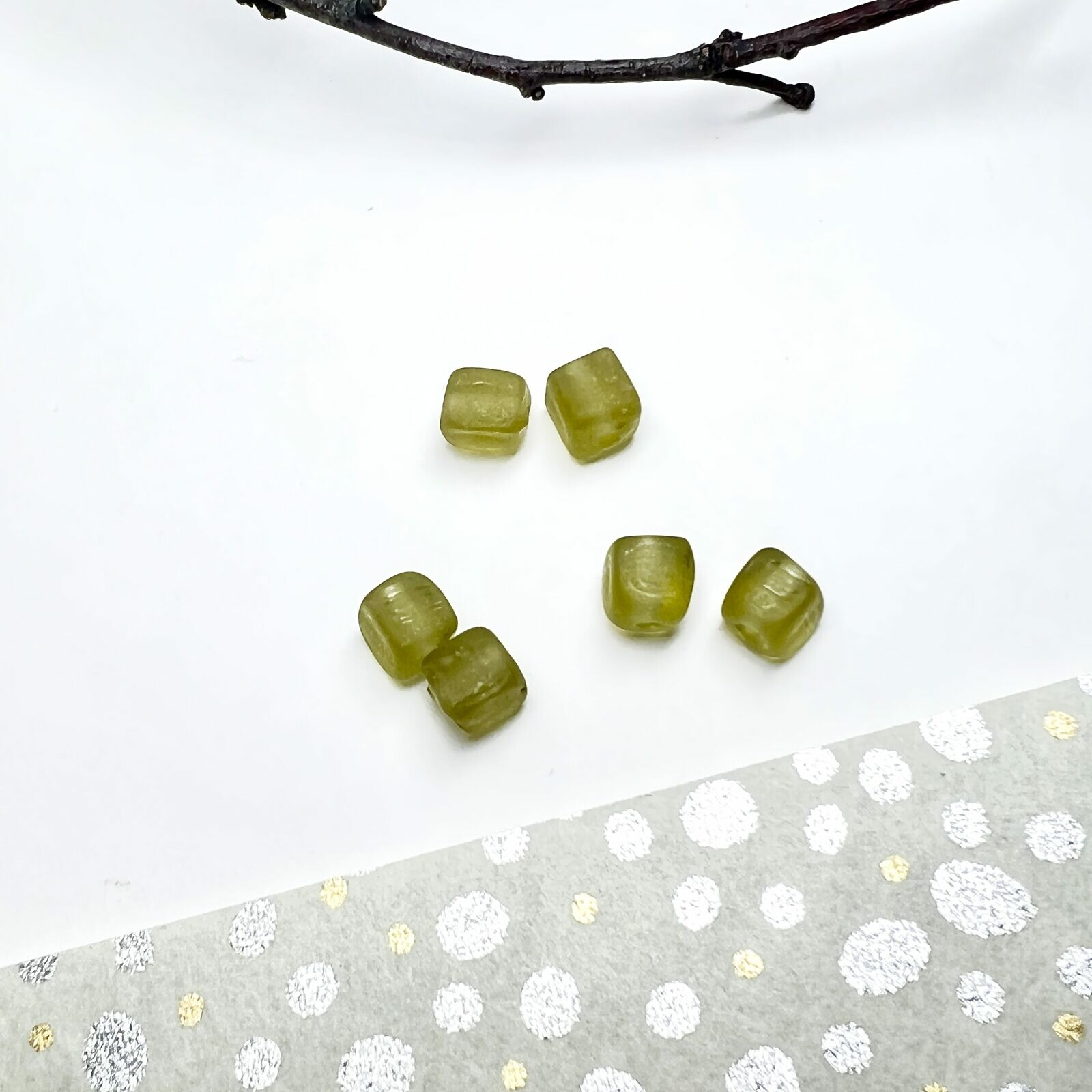 6mm Green Frosted Glass Paired Smooth Cube Center Drilled Beads