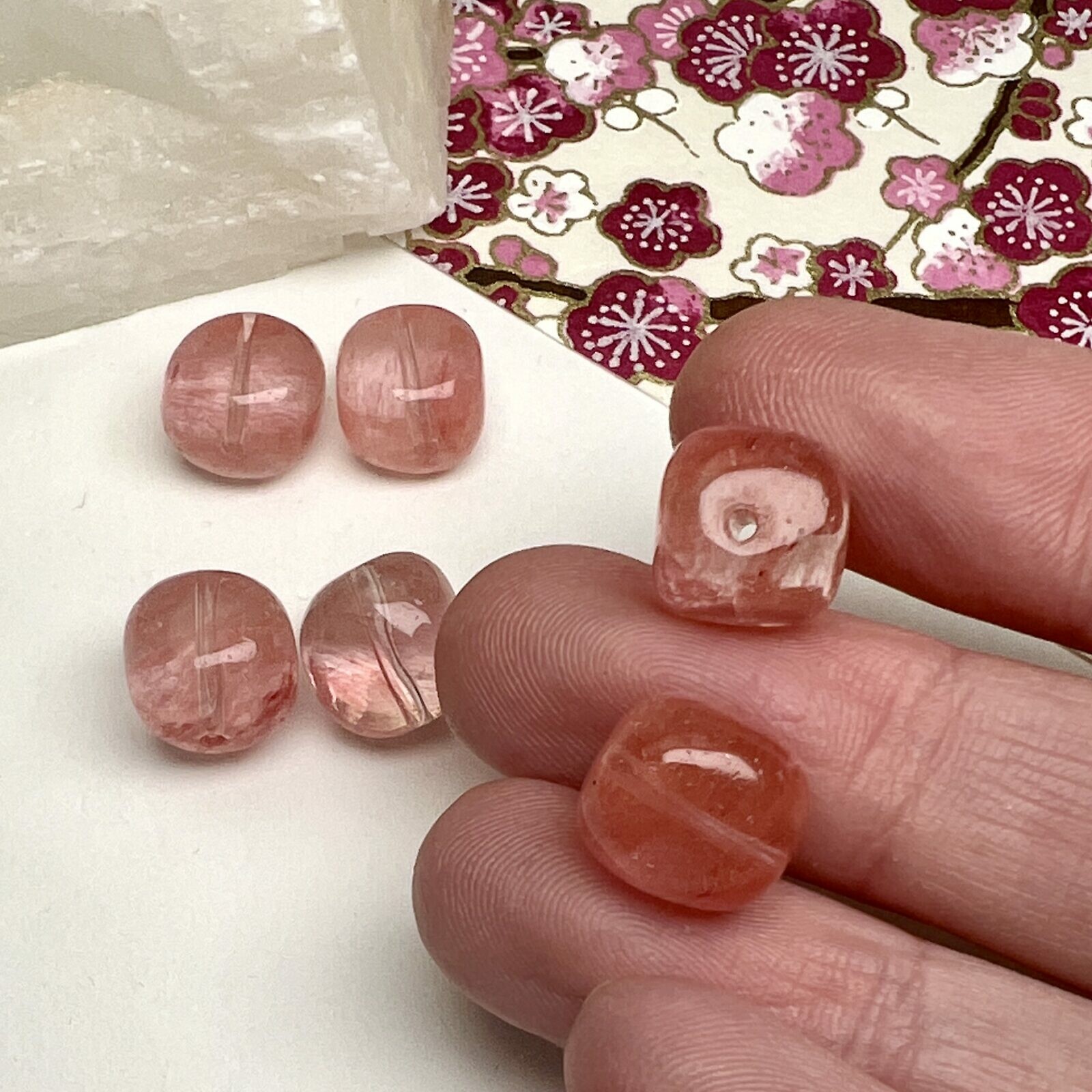 10mm Cherry Glass Paired Smooth Square Pebble Center Drilled Beads - Image 2