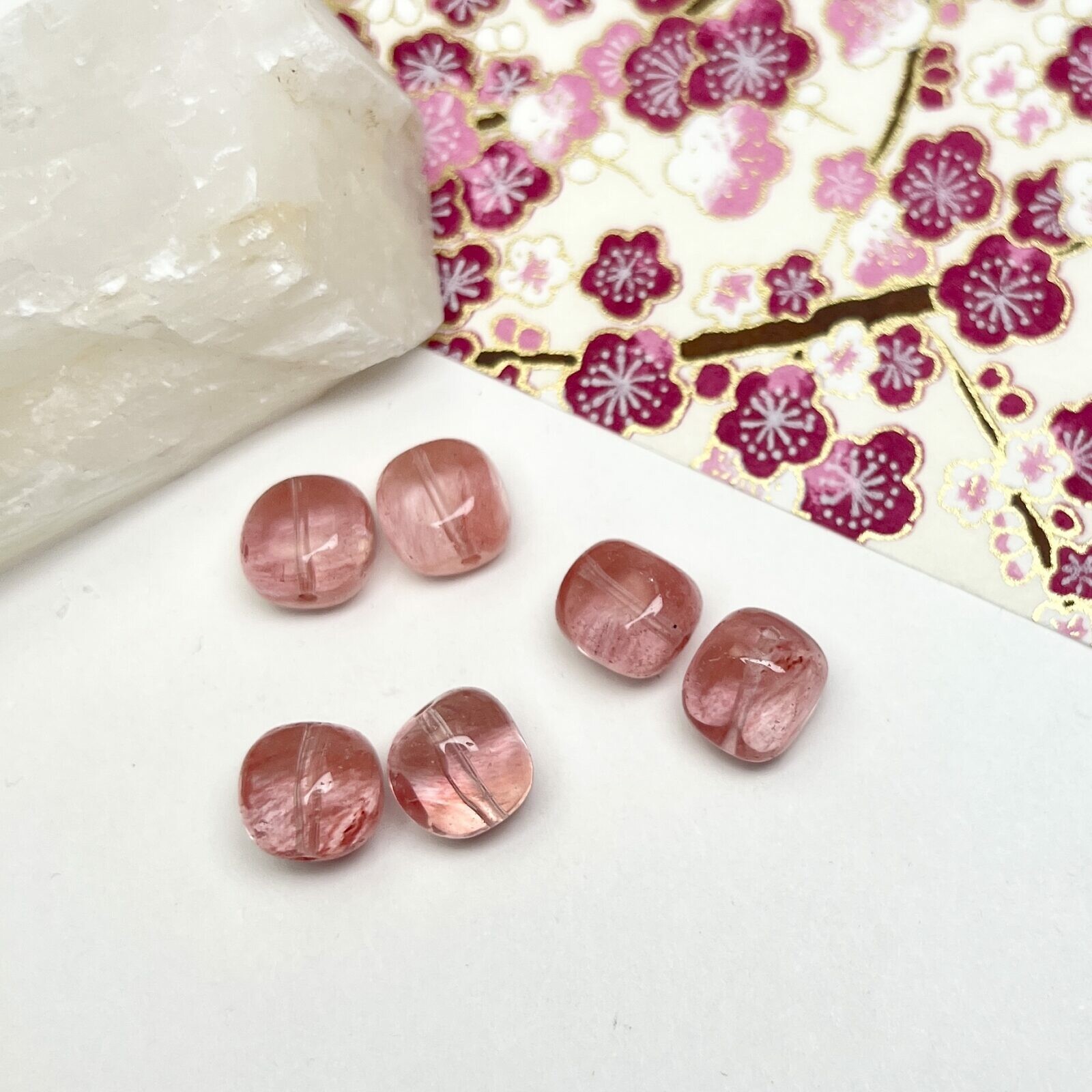10mm Cherry Glass Paired Smooth Square Pebble Center Drilled Beads