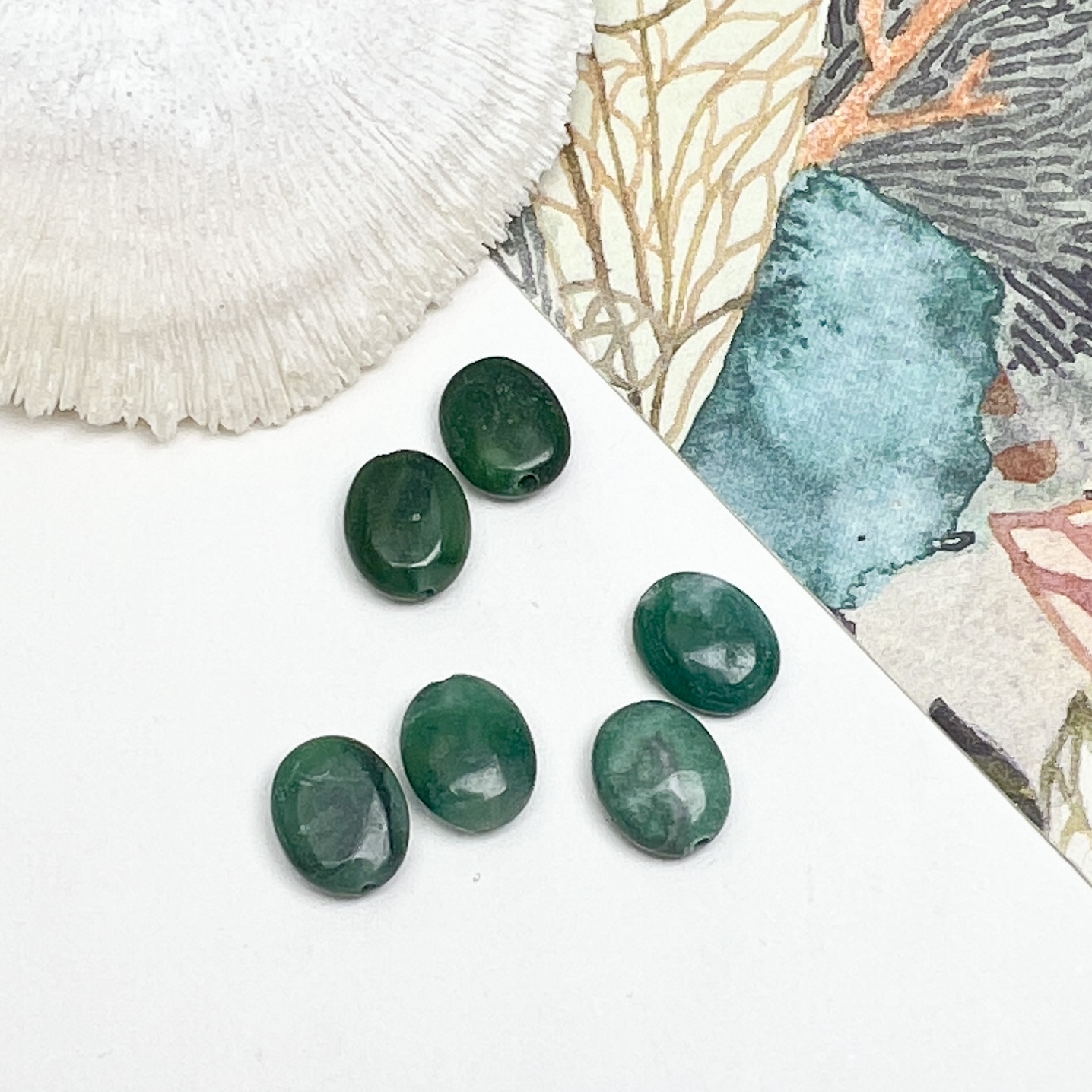 10x8mm Green Prase Jasper Paired Smooth Oval Center Drilled Beads